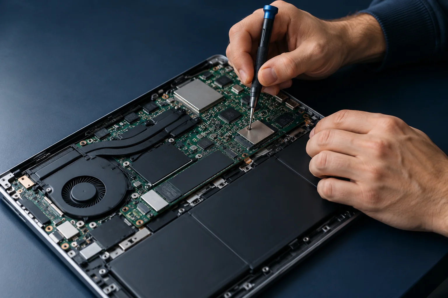 Technicus herstelt de onderdelen van een geopende laptop